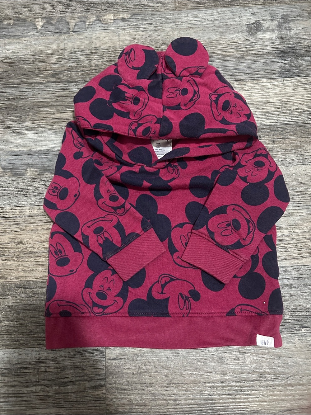 GAP Kids Burgundy Hoodie with Navy Mickey Mouse Print